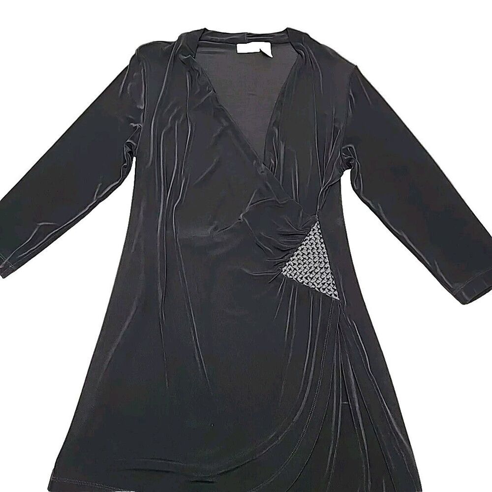Chico's Travelers 2 Blouse Black Faux Wrap 3/4 Slv Shirt Stretch Sz Large Dress